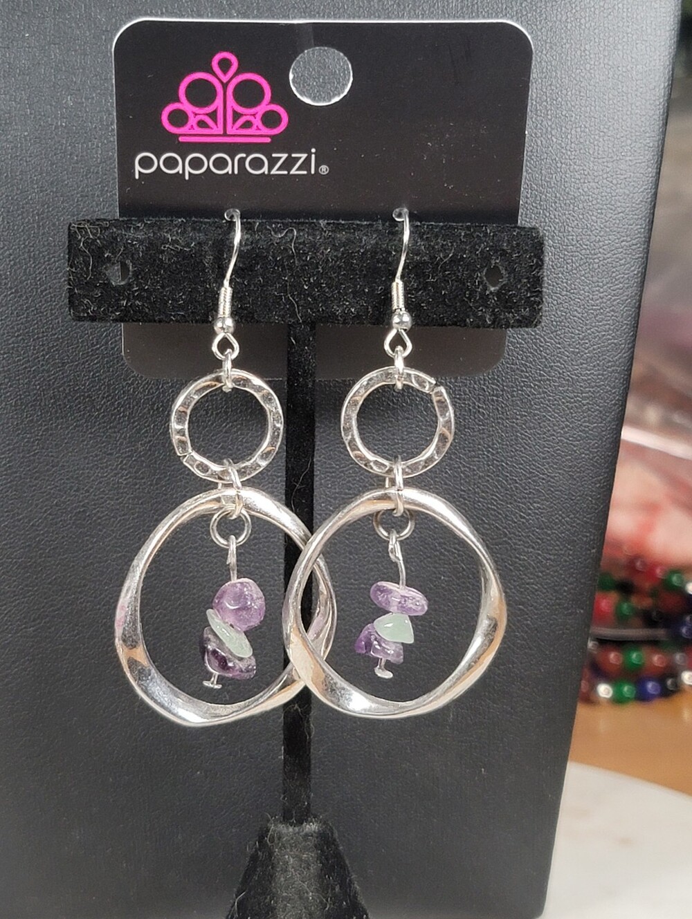 Paparazzi Silver Tone Hoop Earrings with Purple and Light Green Beads
